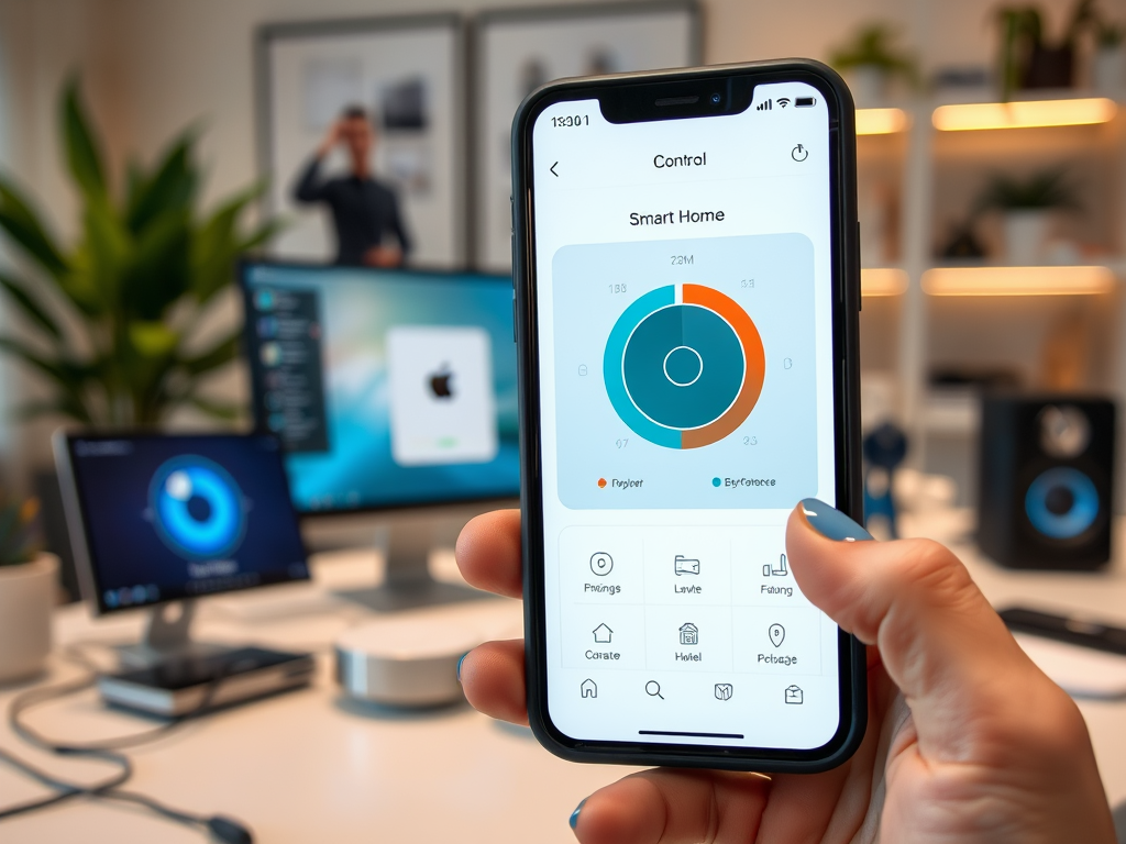 Пользователь управляет смарт-домом через мобильное приложение на смартфоне в современном офисе.