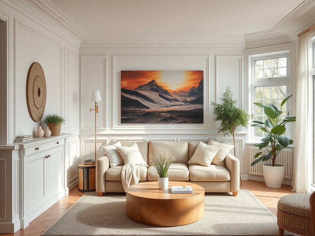 Современная уютная гостиная с горным пейзажем на стене, диваном и зелеными растениями.