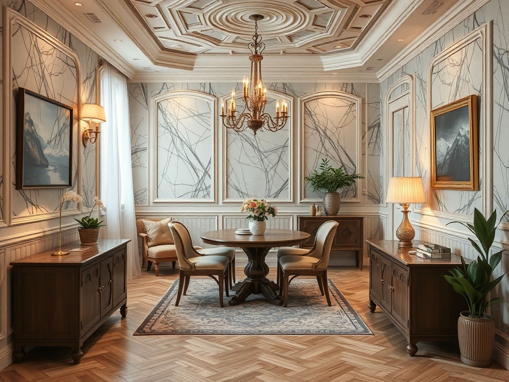 Элегантный интерьер с деревянной мебелью, стильной люстрой и живописными картинами на стенах.