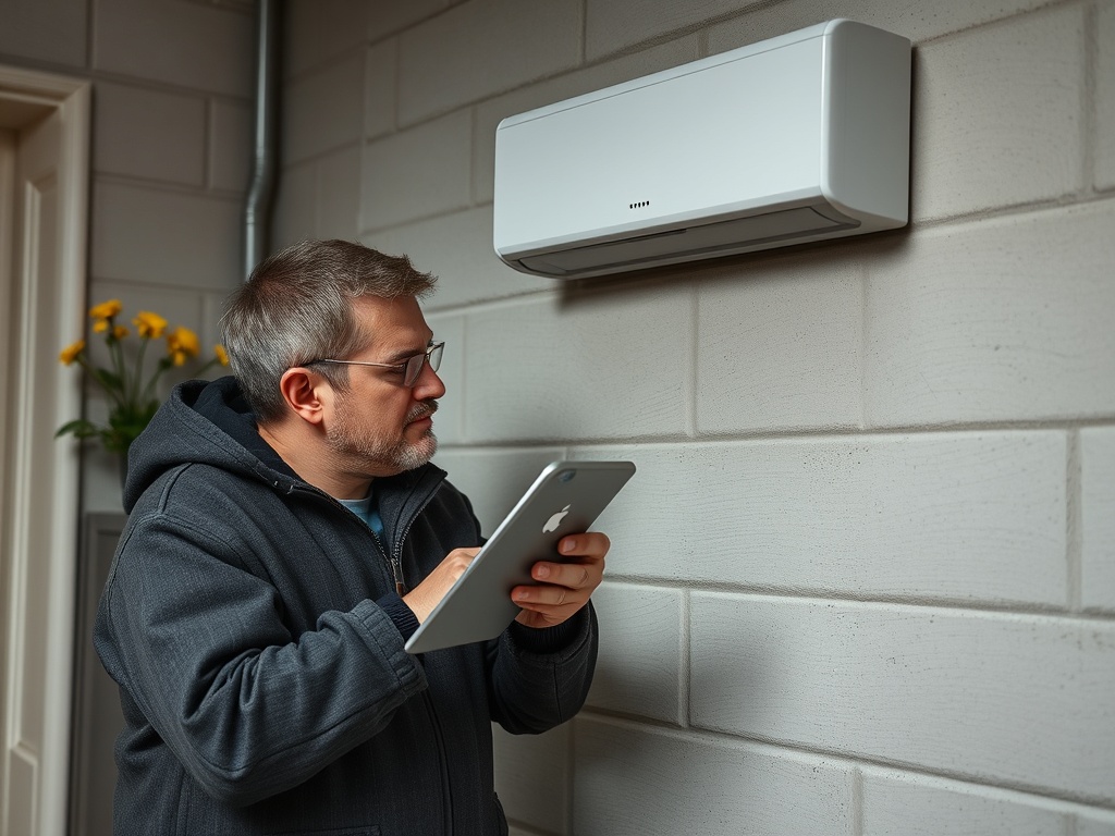 На изображении мужчина в темном свитере, использующий планшет рядом с кондиционером на стене.