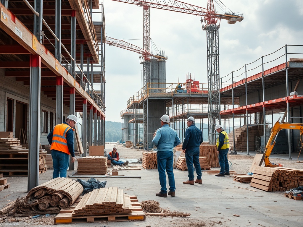 На строительной площадке рабочие обсуждают проект, вокруг видно строительное оборудование и деревянные материалы.