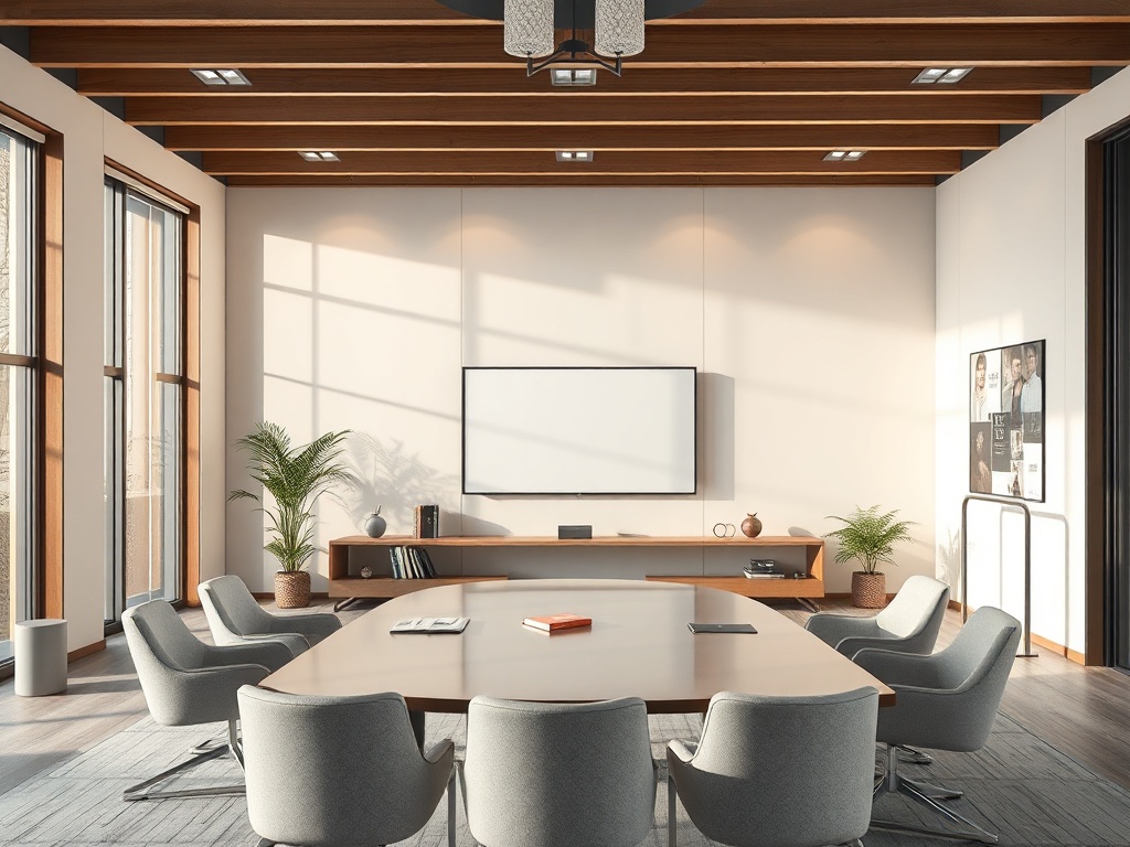 Современный конференц-зал с большим столом, креслами, телевизором и растениями. Светлый и уютный интерьер.