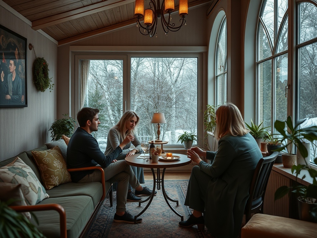 Трое людей наслаждаются чаепитием в уютной комнате с большими окнами и зимним видом за окном.