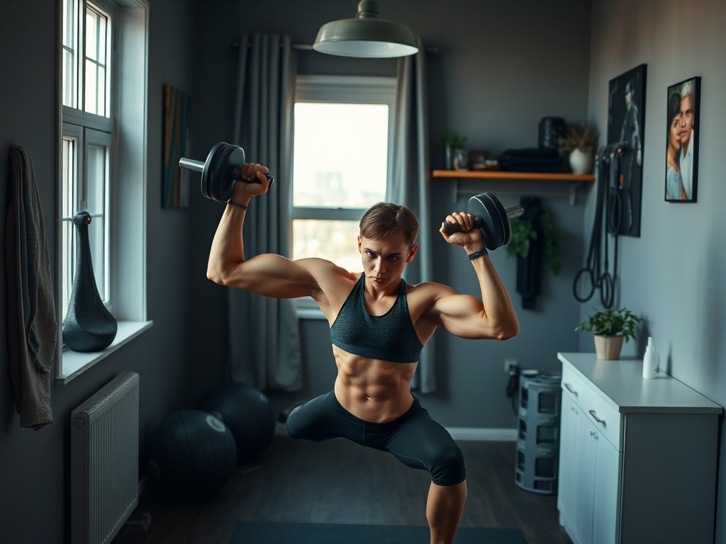Молодой человек с гантелями тренируется в спортзале дома, окруженный спортивным инвентарем.