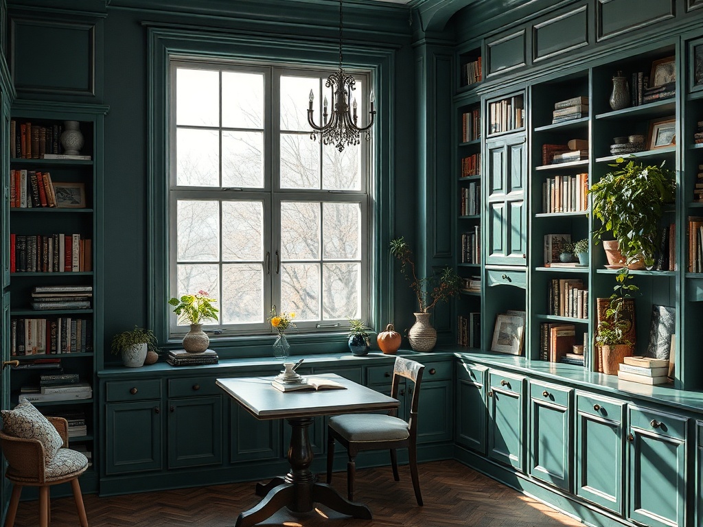 Уютный кабинет с книгами, растениями и столом у окна, оформленный в темно-зеленых тонах.