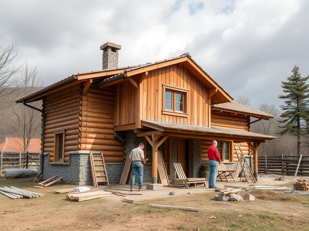 Два человека стоят перед деревянным домом, окруженным строительными материалами и природой.