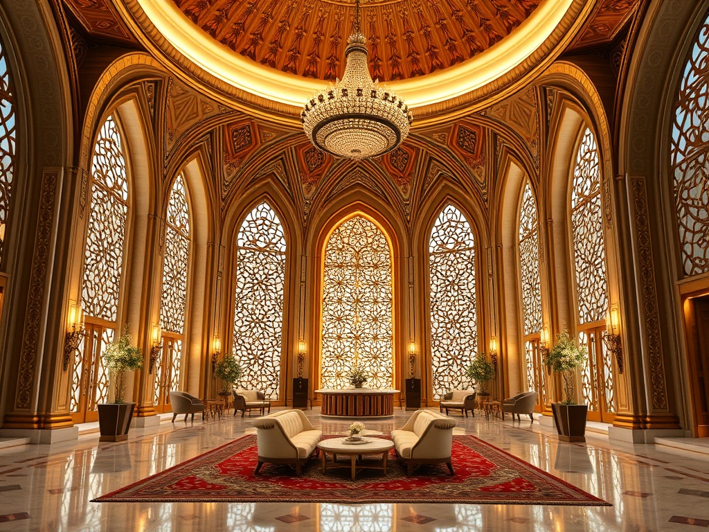 Роскошный интерьер с высокими потолками, витражными окнами и элегантной мебелью в светлых тонах.