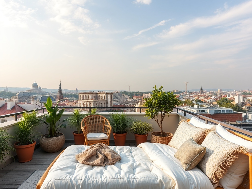 Терасса с панорамным видом на город, уютная постель и зелёные растения в горшках.