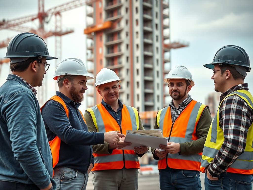 Группа строителей обсуждает планы на строительной площадке. На них каски и светоотражающие жилеты.