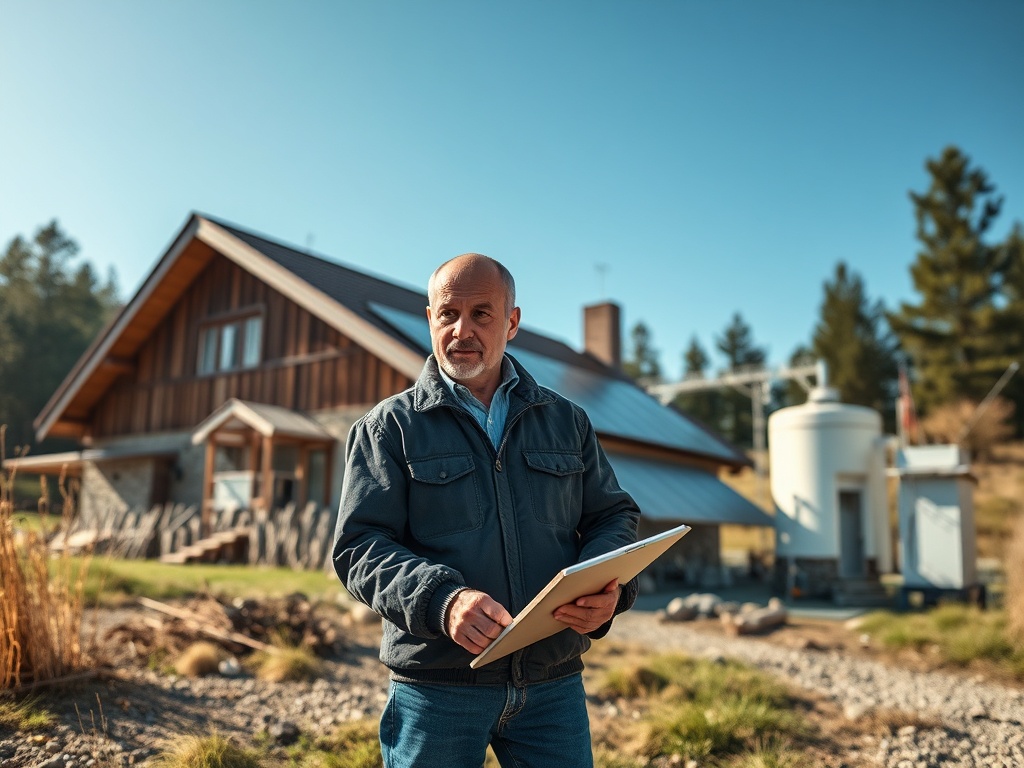 Мужчина держит планшет на фоне загородного дома и ландшафта с деревьями и зелеными насаждениями.