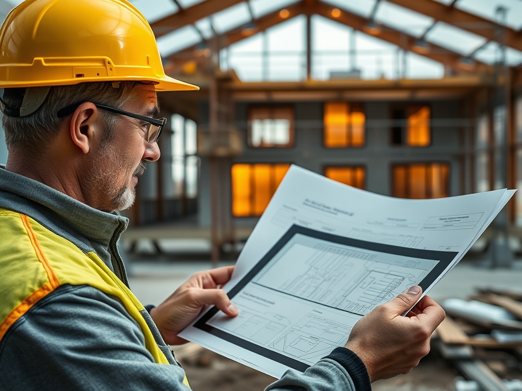 Строитель в каске просматривает чертежи на фоне строящегося здания с большими окнами.