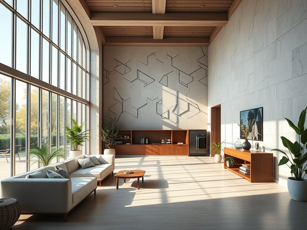 Современный светлый интерьер гостиной с большими окнами и деревянными элементами мебели. Растения добавляют уют.