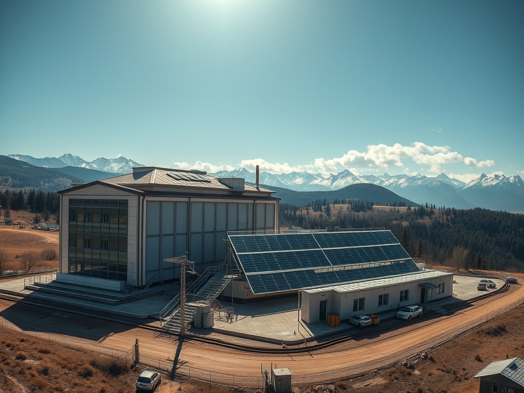 Современное здание с солнечными панелями на фоне горного ландшафта и ясного неба.