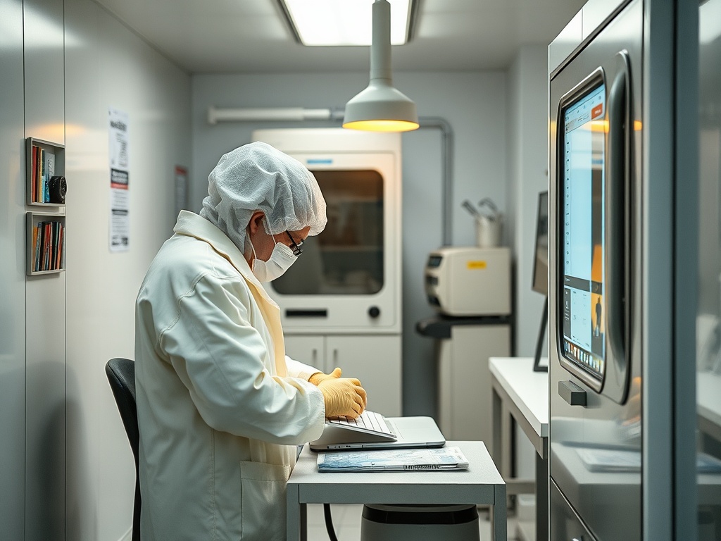 Исследователь в лаборатории работает за компьютером, одет в защитную одежду и маску.