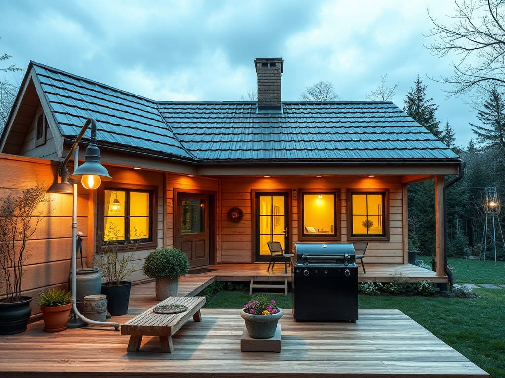 Современный дом с террасой, грилем и яркими окнами на фоне вечернего неба и зелёного сада.