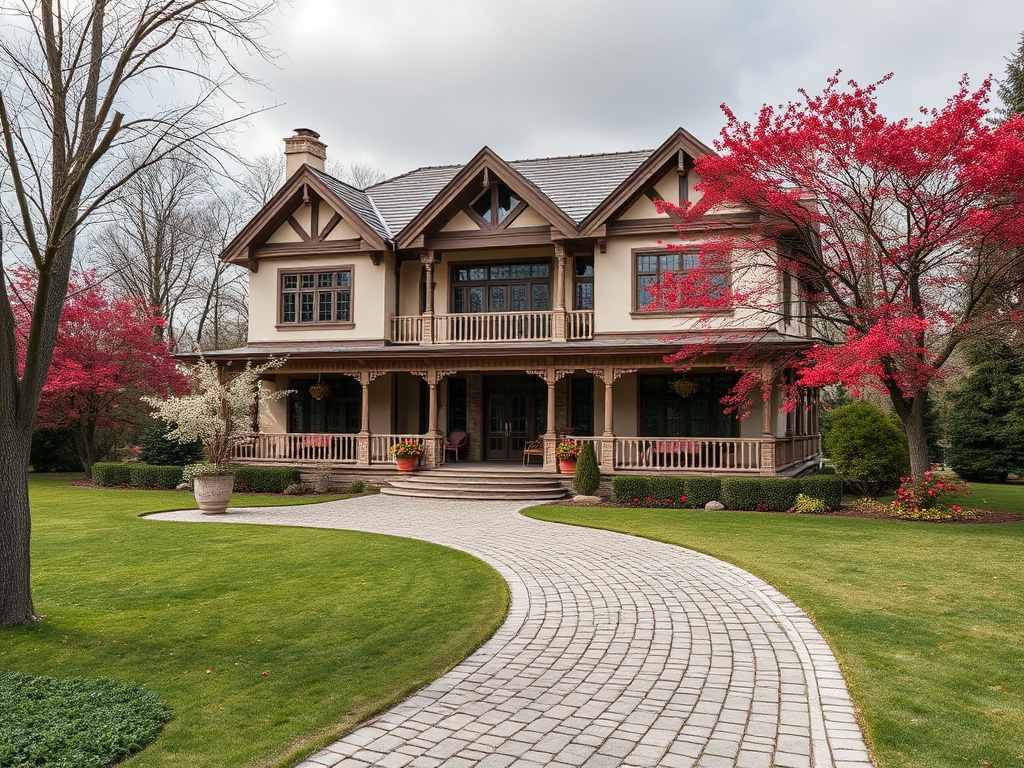 Красивый дом в классическом стиле с ухоженным садом и цветущими деревьями. Плиточный путь ведет к дверям.