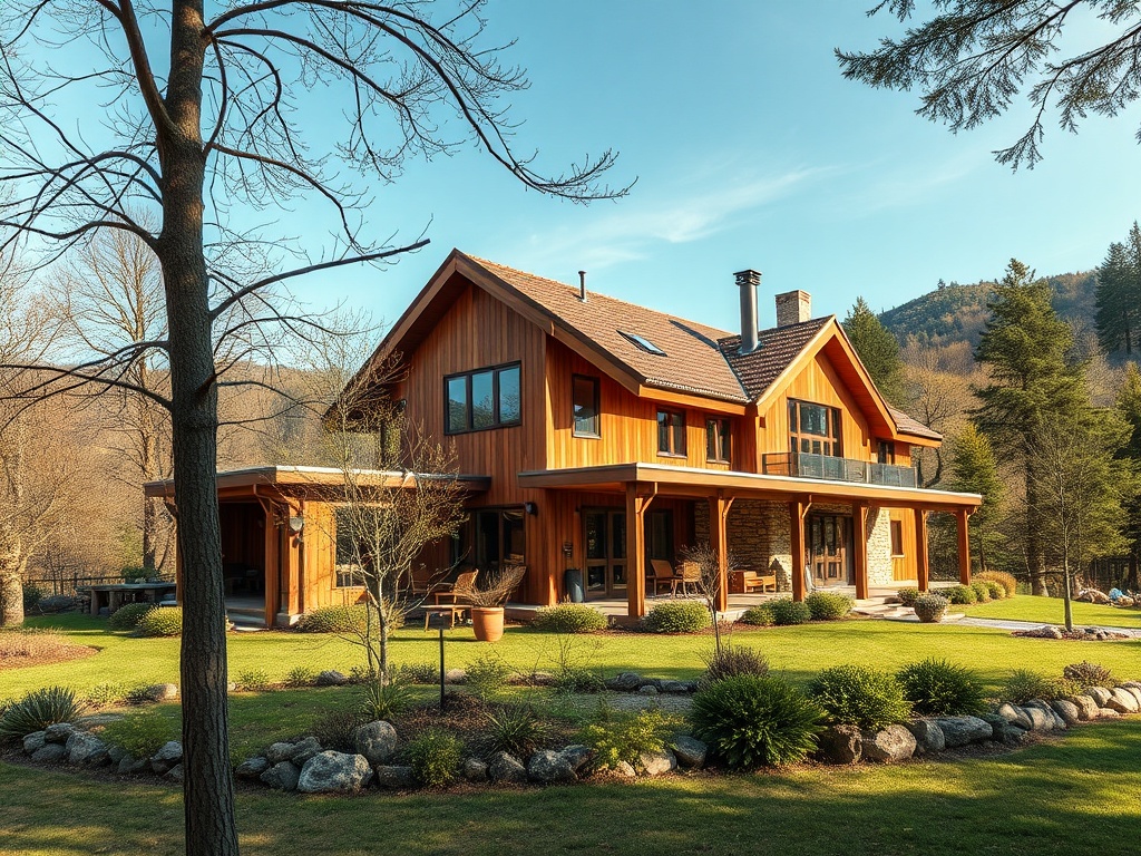 На изображении изображен загородный дом из дерева и камня, окруженный зелеными насаждениями и деревьями.
