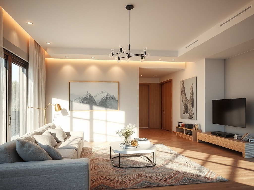 Современная гостиная с диваном, светом, картинами и телевизором на деревянном полу. Комфорт и стиль в интерьере.