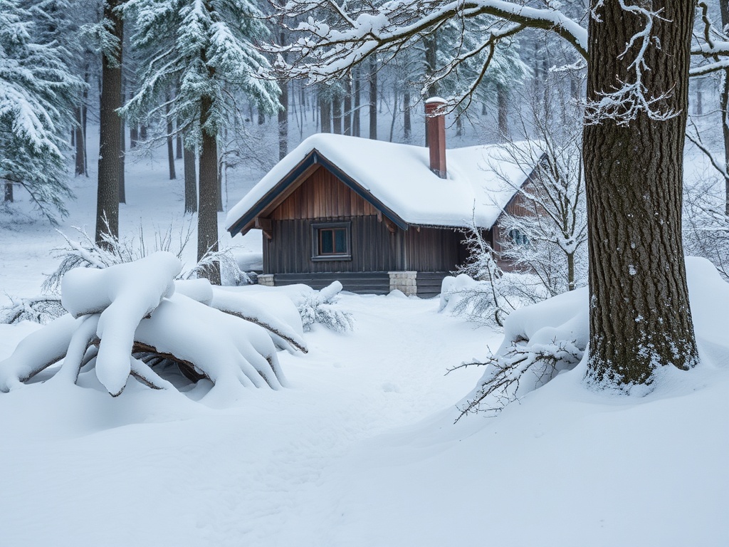 Зимний лес с заснеженной тропинкой и уединённым домиком среди деревьев. Спокойная и уютная атмосфера.