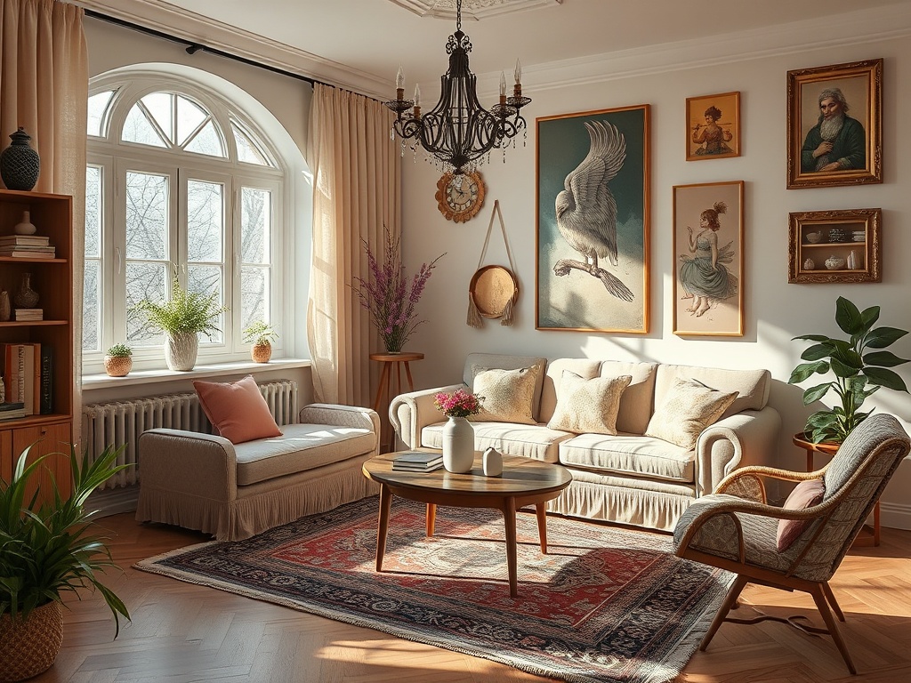 Светлая гостиная с большим окном, уютной мебелью и художественными картинами на стенах.