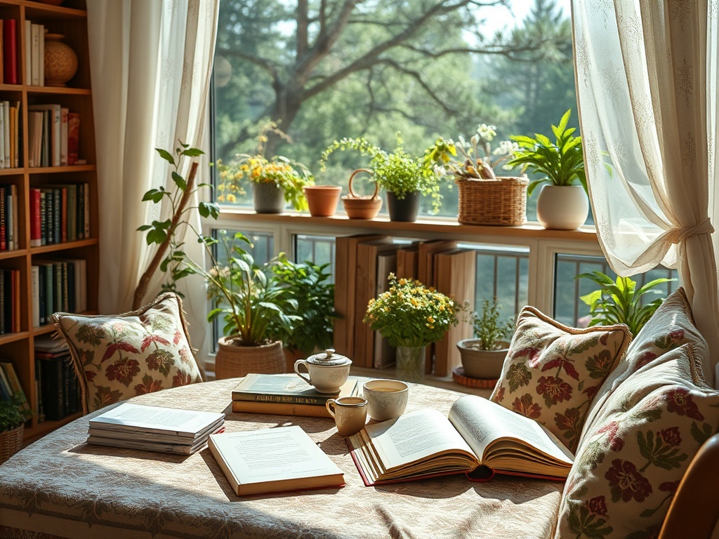 Уютный уголок с книгами, чашками чая и растениями у окна, освещенный мягким солнечным светом.