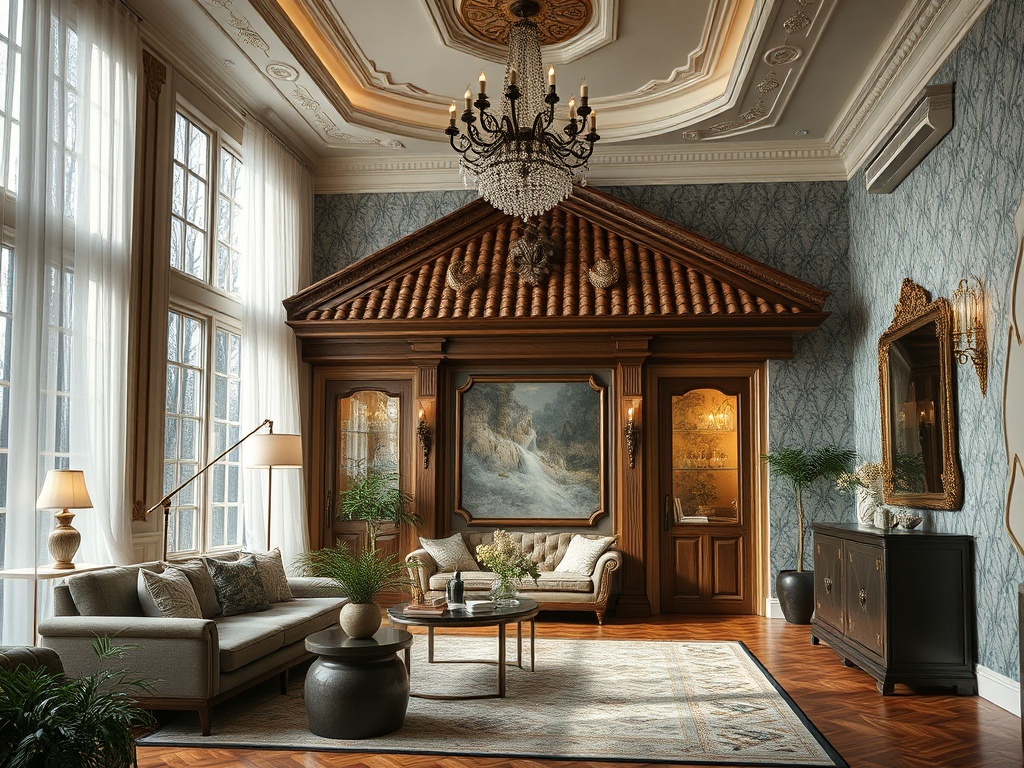 Элегантная гостиная с потолком, роскошной люстрой и декоративными элементами в классическом стиле.