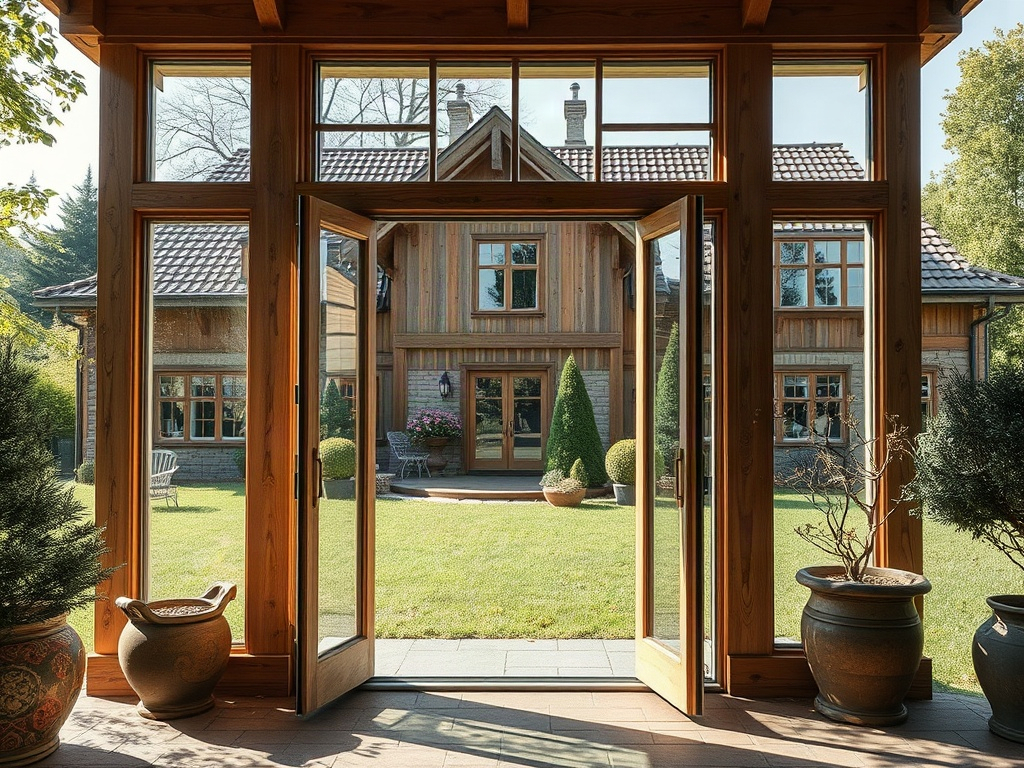 Вид из дома на зелёный сад и деревянный фасад с большими окнами и растениями в горшках.